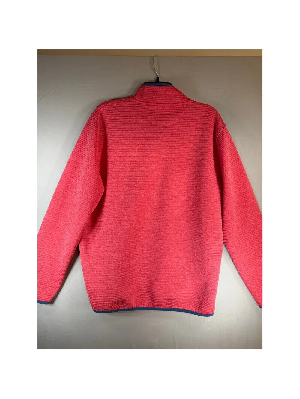 J.Crew Mens Authentic Fleece Ribbed Snap Mock Neck Pullover Pink Blue Trim Large